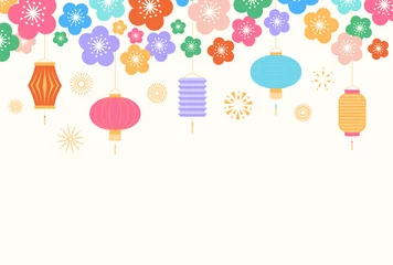Fototapeten Chinese New Year background with lanterns and flowers, on white. Vector illustration. Flat style design. Concept for holiday banner, greeting card, decorative element. © Maria Skrigan