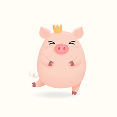 Hand drawn vector illustration of a cute little pig in a crown. Isolated objects on white background. Design concept for Chinese New Year greeting card, holiday banner, decorative element.