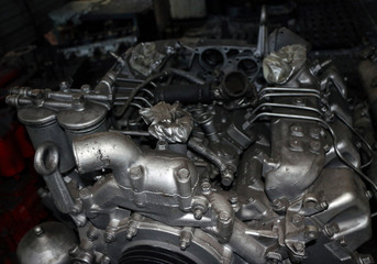Heavy truck engine. a large motor assembled for a powerful heavy truck, after overhaul.