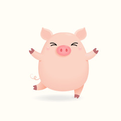 Hand drawn vector illustration of a cute happy little pig. Isolated objects on white background. Design concept for Chinese New Year greeting card, holiday banner, decorative element.