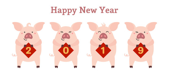 Fototapeta na wymiar 2019 Chinese New Year greeting card with cute pigs holding cards with numbers, text. Vector illustration. Isolated objects on white. Flat style design. Concept for holiday banner, decorative element.