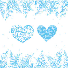 Winter openwork heart, spruce branch border frame, christmas decorations. Free hand drawn illustration.