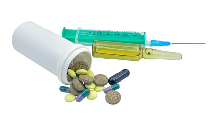 Medication tablets, capsule and syringe