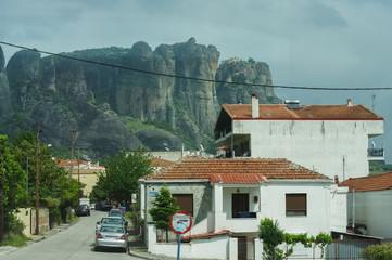 Small city on background of Meteora mountains.