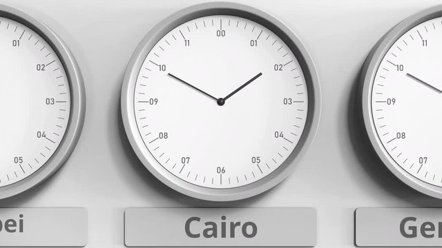 Clock shows Cairo, Egypt time among different timezones. 3D animation
