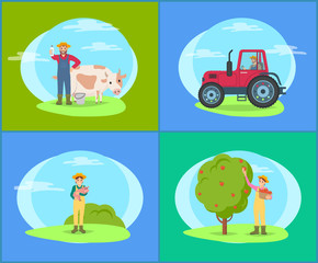 Obraz premium Farmer with Cow and Piglet vector Illustration