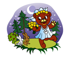 fairy teddy bear dancing with flowers at night and moonlight