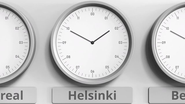 Focus on the clock showing Helsinki, Finland time. 3D animation