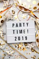 Party time 2019 lightbox celebration message with luxury gold party decorations