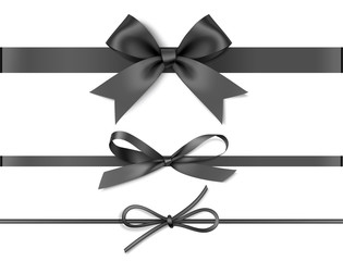 Set of decorative black bows with horizontal ribbons isolated on white background. Vector illustration.
