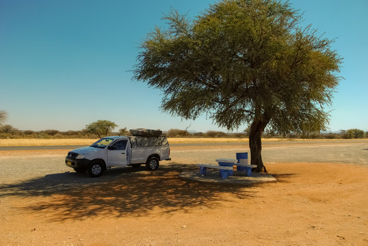 Solitary acacia tree in the middle of the african savannah with a roof tent 4x4 off-road veichle in the shadow and a pic nic area in the Kalahari, in Namibia
