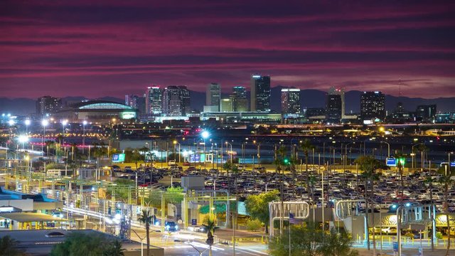 Phoenix AZ Vibrant Generic Cityscape at Dusk with Downtown Skyline Lighting Up under a Colorful Arizona Night Sky