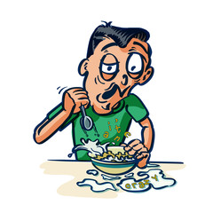 Crazy cereal killer spilling alphabet pieces on the table.