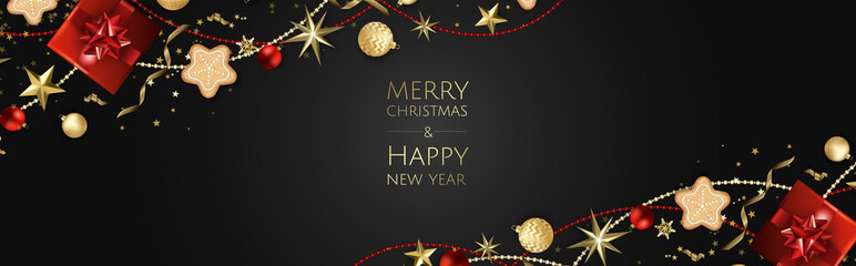 Merry Christmas and Happy New Year. Xmas background with gift box, Snowflakes and balls design.