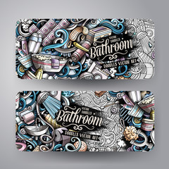 Bathroom hand drawn doodle banners set. Cartoon detailed flyers.