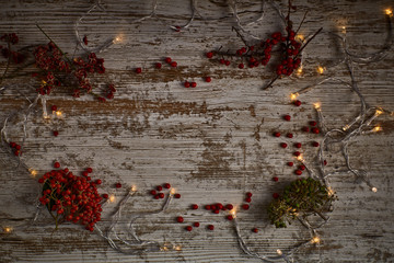 light wood table background with dried leaves and fruits around