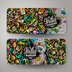 India hand drawn doodle banners set. Cartoon detailed flyers.
