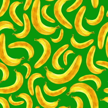 Watercolor illustration, pattern. Bananas on a green background.