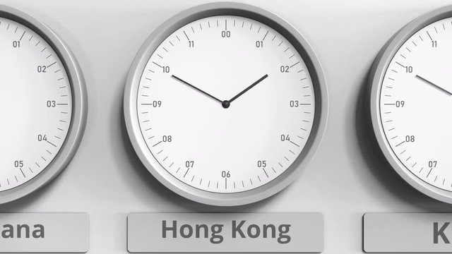 Round clock showing Hong Kong, China time within world time zones. 3D animation