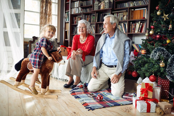 Cheerful grandparents and little girl together for Christmas.