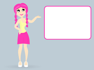 Young girl shows on an empty board. Flat vector illustration