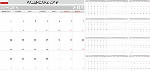Polish Calendar 2019, Kalendarz polski 2019, monthly planning, Polish calendar template for year 2019, weeks, months, Polish Language, set of 12 months, printable calendar vector illustration