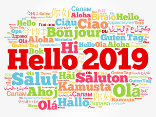 Fototapeta premium Hello 2019 word cloud in different languages of the world, background concept