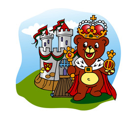 king teddy bear with a castle from a fairy tale