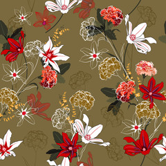 Beautiful vintage Seamless pattern vector a garden coloful   flowers are blooming and gentle mix with outline stoke on stylish beige background,