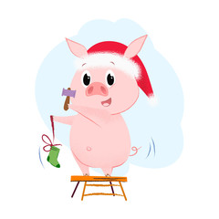 Cute piglet hanging Christmas sock. New Year Day design element. For greeting cards, leaflets, brochures, invitations, posters or banners.
