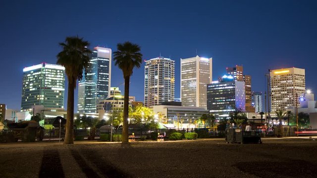 Phoenix AZ Night to Day Generic Cityscape Timelapse with Sun Rising Behind Building Exterior Architectures of the Arizona Downtown Area