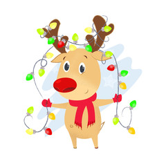 Cute reindeer with lights garland. Christmas design element. For greeting cards, leaflets, brochures, invitations, posters or banners.