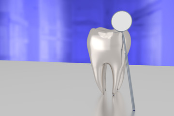 Tooth with dental mirror, 3d illustration