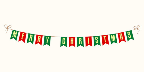 Merry Christmas holiday decoration. Red and green garland of bunting flags with greeting text.