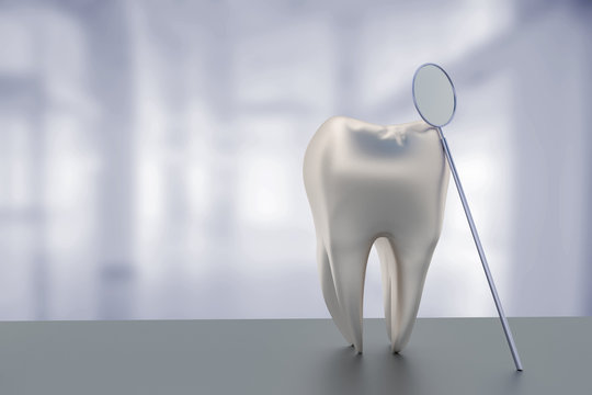 Tooth with dental mirror, 3d illustration