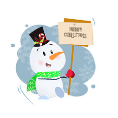 Smiling cute snowman holding Christmas tablet. Christmas design element. For greeting cards, leaflets, brochures, invitations, posters or banners.