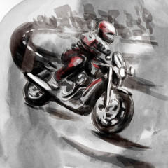On the highway, motorcycle rider - An hand drawn illustration - Digital painting