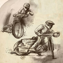 Speedway, motorcycle races - An hand drawn illustration - obrazy, fototapety, plakaty