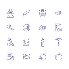 Losing weight icons. Set of line icons. Fitness, yoga, healthy eating, vegetarian food. Healthy lifestyle concept. Vector illustration can be used for topics like wellness, sport, health