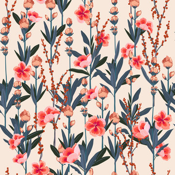 Beautiful Stylish Garden florals pattern in the many kind of flowers. Tropical botanical . Seamless vector texture.fashion prints. Printing with in hand drawn style