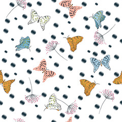 Beautiful flying butterflies seamless pattern vector on hand drawn polka dots sketch with wind blowing flowers