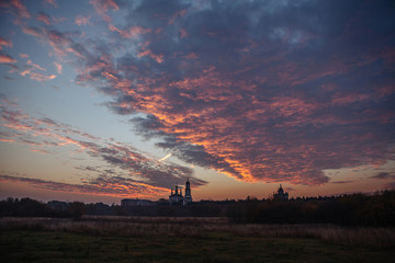 Silhouette of the church of Michael the Archangel at sunrise. Mikhali village, Suzdal