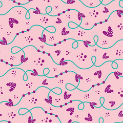 Funky bubbly purple and turquoise hand drawn doodle lines and hearts seamless vector pattern pink background. Fab for Valentines day, weddings, anniversaries, scrapbooking, giftwrap, stationery.