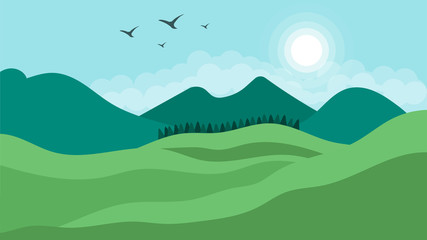 Landscape with hills, mountains, clouds and sun. Scenery vector illustration.