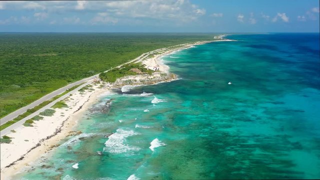 Aerial view of Cozumel, island in Caribbean Sea near shore of Yucatan Peninsula - landscape panorama of Mexico from above, Central America, 4k UHD