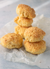 Traditional English butter milk scones on a light background.