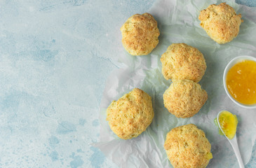 Traditional English butter milk scones on a light background.