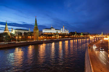 Fototapeta na wymiar Iconic view of Moscow Kremlin over Moskva river in blue hours. Moscow, Russia.