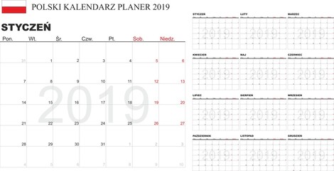 Polish Calendar 2019, Kalendarz polski 2019, monthly planning, Polish calendar template for year 2019, set of 12 months, printable calendar vector 