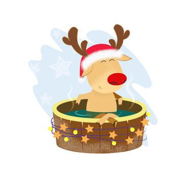 Reindeer relaxing in barrel bath. Spa, procedure, hot tub. Can be used for topics like hygiene, Christmas, winter holiday